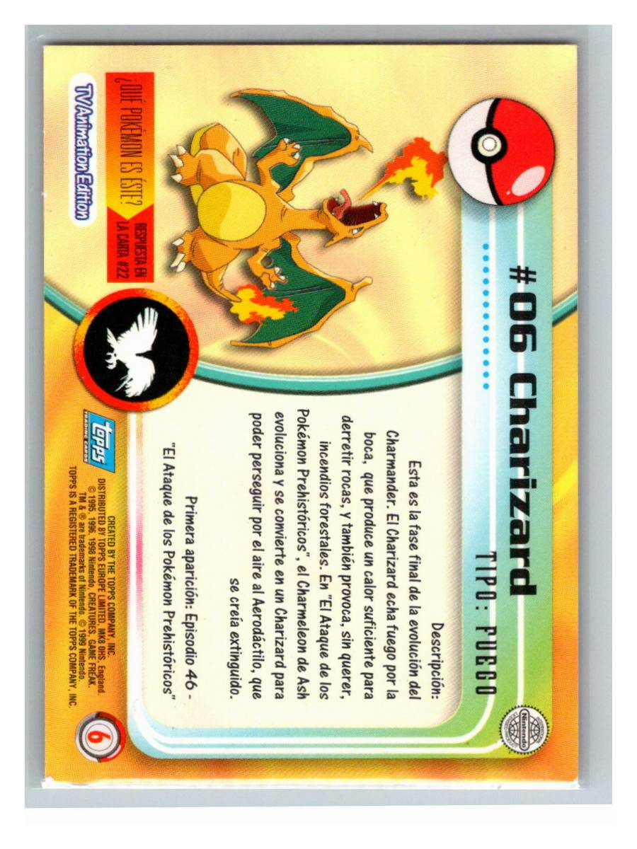 Charizard #06 - Topps TV Animation Edition (NO es carta TCG) - foto real del ejemplar (reverso)
