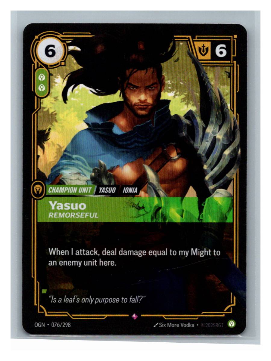 Yasuo - Remorseful - Origins (076/298) - foto real del ejemplar (frontal)